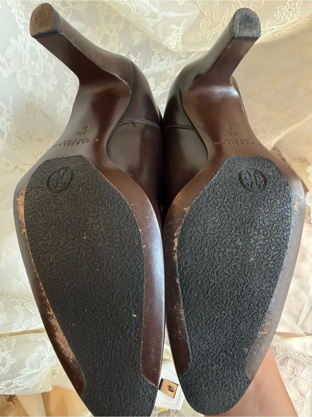 Cole Haan Dark Brown Leather Knee Heeled Boots with Stretch Panel At Calf